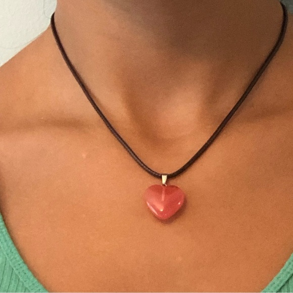 Heart Shaped Necklace in Natural Stone Peach Color  with Black Cord - Picture 2 of 7